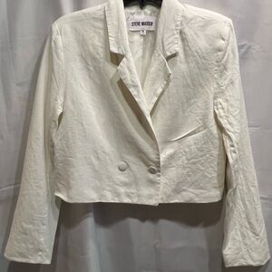 Steve Madden Kourtney Cropped Double Breasted Blazer Ivory Linen Blend Size Med